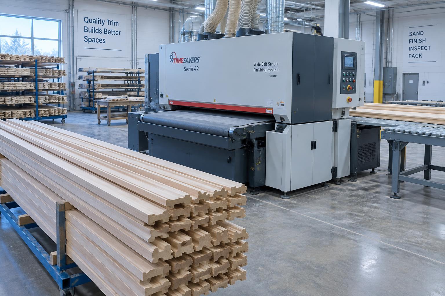 Sanded molding lengths staged for finishing and inspection