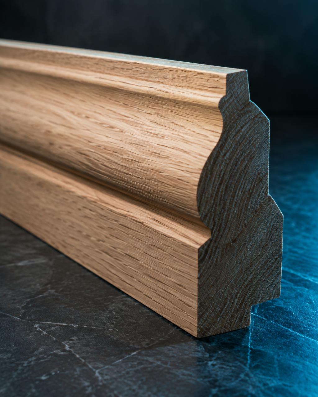 Machined oak crown molding profile with beveled edges